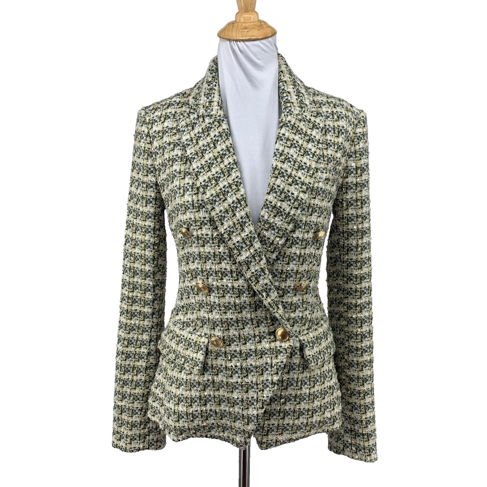 L'Agence Blazer Womens 0 Kenzie Double Breasted Tweed Shoulder Pads Peaked Lapel
